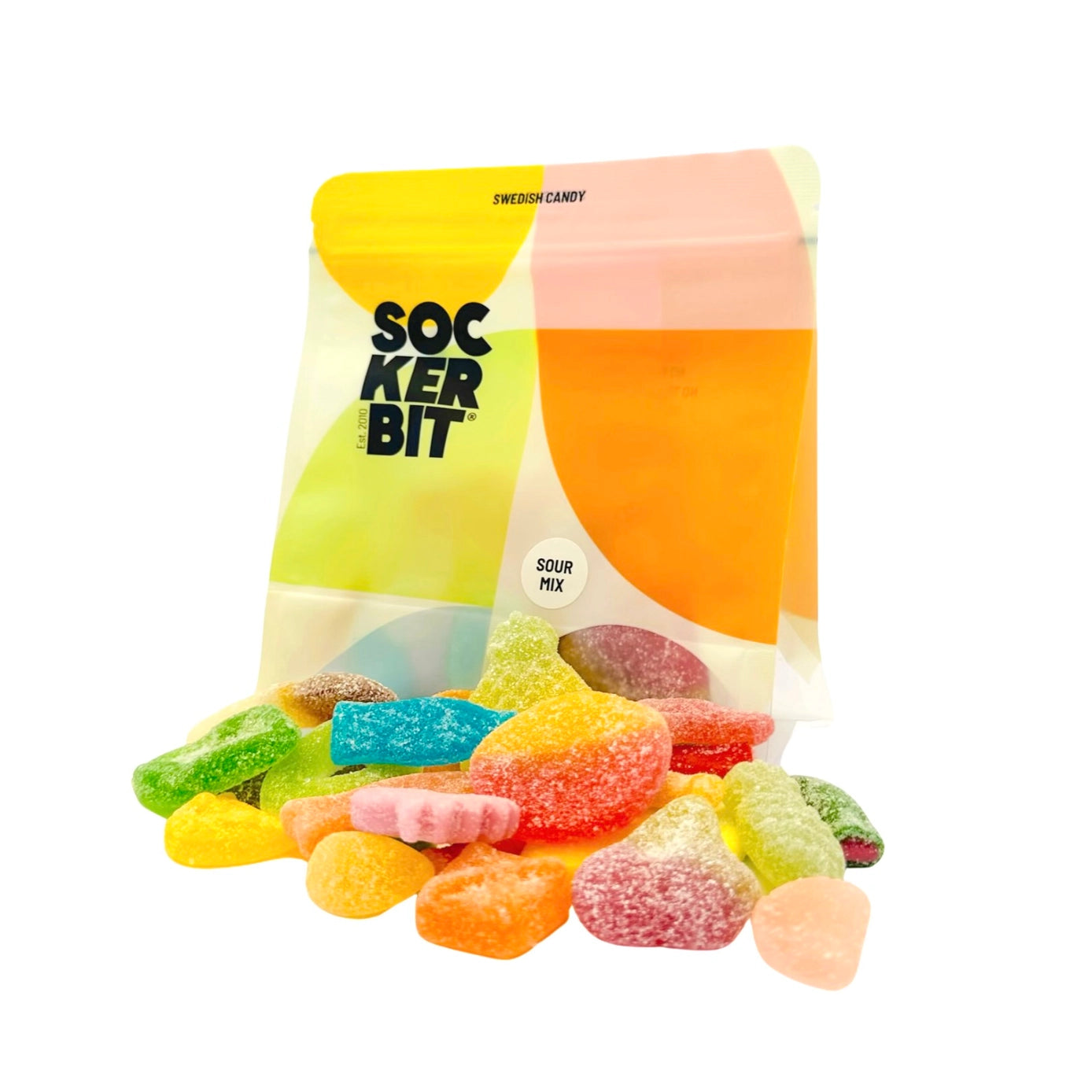 Resealable pouch of sour gummy candy variety mix, featuring an assortment of tangy candies. Perfect for candy lovers to enjoy at home, work, beach, dinner parties, or movie nights. Imported from Scandinavia, made with non-GMO ingredients, and free from high fructose corn syrup and trans fats. Freshly packed by Sockerbit Los Angeles.